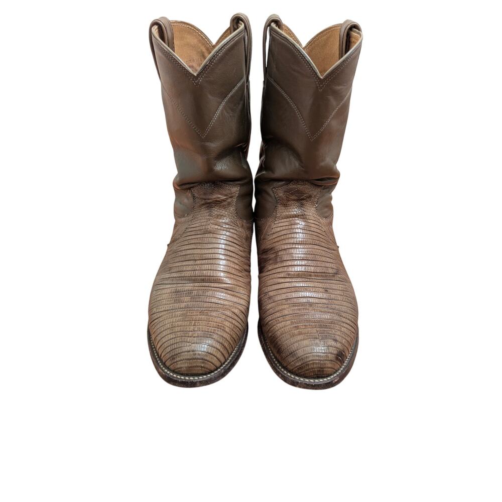 Vintage Justin Exotic Teju Lizard Skin Cowboy Boots Taupe Gray Brown USA